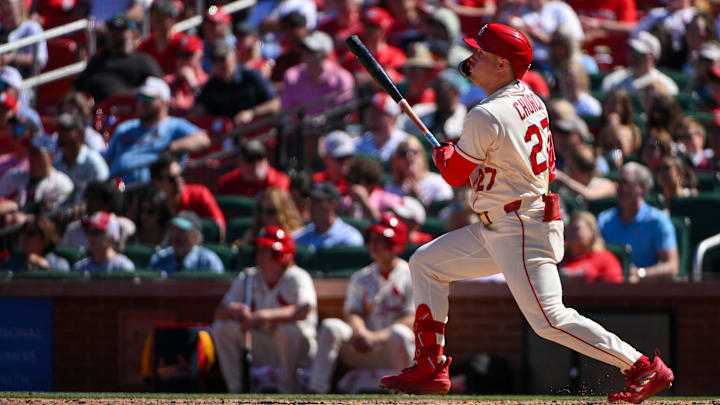 Apr 25, 2026; St. Louis, Missouri, USA; St. Louis Cardinals left fielder Nathan Church (27) hits a two run home run against the Seattle Mariners during the seventh inning at Busch Stadium. Mandatory Credit: Jeff Curry-Imagn Images