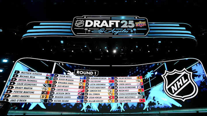 Jun 27, 2025; Los Angeles, California, USA; The draft board is seen following the first round of the 2025 NHL Draft at Peacock Theater. Mandatory Credit: Kirby Lee-Imagn Images