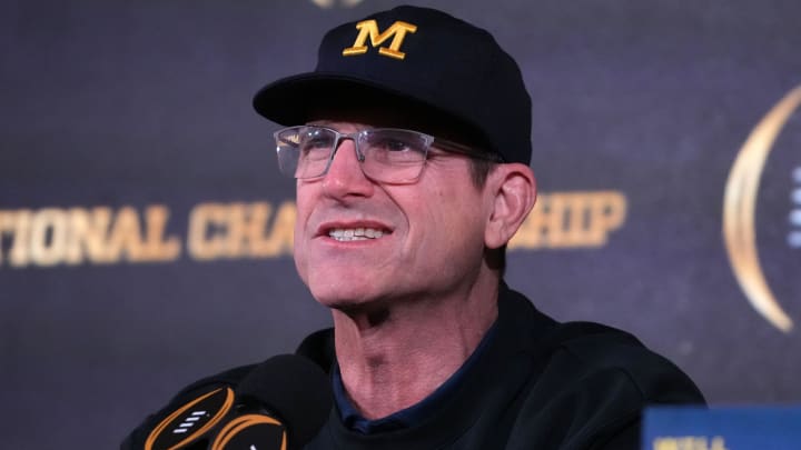 Jan 9, 2024; Houston, TX, USA; Michigan Wolverines coach Jim Harbaugh during College Football National Championship press conference at JW Marriot Houston by the Galleria. Jan 9, 2024; Houston, TX, USA; Michigan Wolverines coach Jim Harbaugh during College Football National Championship press conference at JW Marriot Houston by the Galleria.