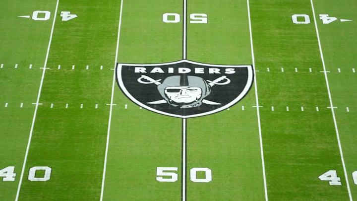 Oct 27, 2024; Paradise, Nevada, USA; A Las Vegas Raiders shield logo at midfield at Allegiant Stadium. Mandatory Credit: Kirby Lee-Imagn Images Oct 27, 2024; Paradise, Nevada, USA; A Las Vegas Raiders shield logo at midfield at Allegiant Stadium. Mandatory Credit: Kirby Lee-Imagn Images