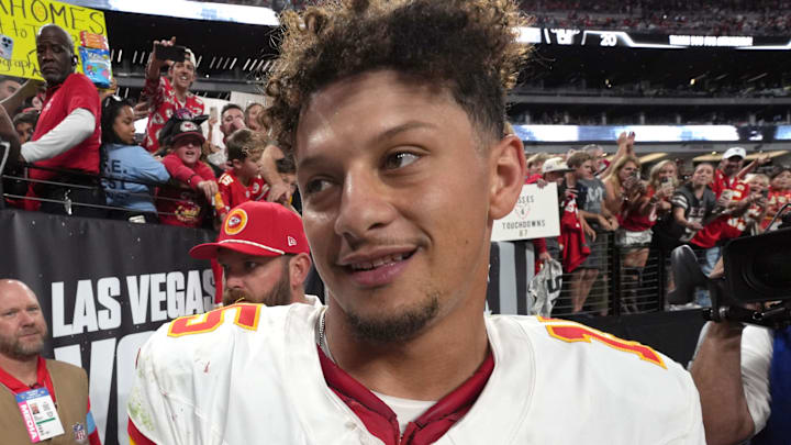 Kansas City Chiefs quarterback Patrick Mahomes (15) reacts after the game against the Las Vegas Raiders.