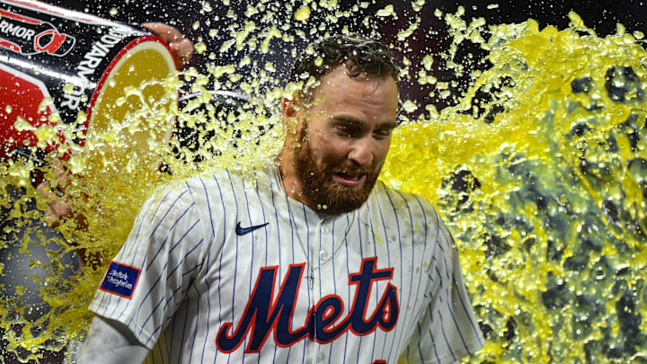 New York Mets outfielder Brandon Nimmo (9) is doused by teammates on August 26, 2025