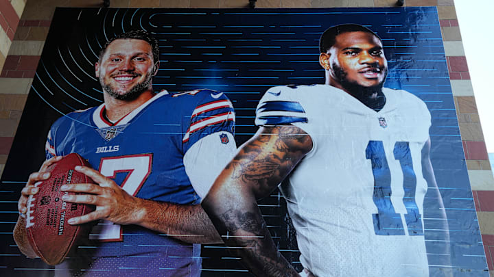 Images of Buffalo Bills quarterback Josh Allen and Dallas Cowboys linebacker Micah Parsons at the Symphony Hall, site of NFL Honors. 