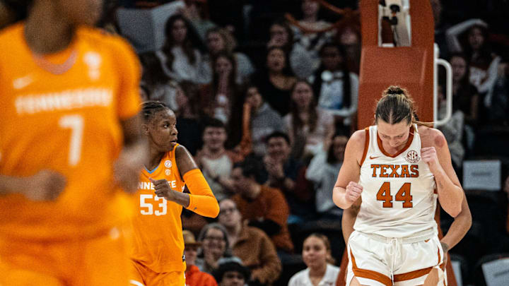 Texas Longhorns forward Taylor Jones (44) takes a moment after a collision under the hoop in the second half as the Texas Longhorns take on the Tennessee Lady Vols in the Moody Center, Jan. 23, 2025.