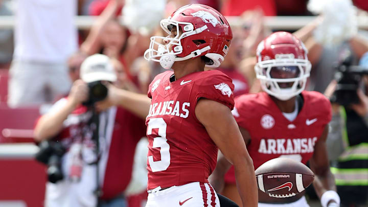 Arkansas Razorbacks wide receiver CJ Brown (3) scores a touchdown in the first quarter against the Alabama A&M Bulldogs at Razorback Stadium. 