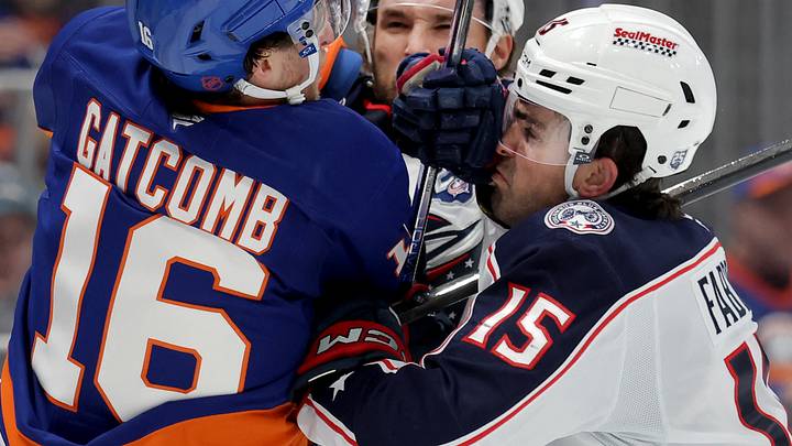 Mar 22, 2026; Elmont, New York, USA; New York Islanders center Marc Gatcomb (16) is shoved by Columbus Blue Jackets defensemen Dante Fabbro (15) and Ivan Provorov (9) during the second period at UBS Arena. Mandatory Credit: Brad Penner-Imagn Images Mar 22, 2026; Elmont, New York, USA; New York Islanders center Marc Gatcomb (16) is shoved by Columbus Blue Jackets defensemen Dante Fabbro (15) and Ivan Provorov (9) during the second period at UBS Arena. Mandatory Credit: Brad Penner-Imagn Images
