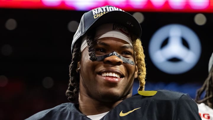 Jan 20, 2025; Atlanta, GA, USA; Ohio State Buckeyes running back Quinshon Judkins (1) celebrates after defeating the Notre Dame Fighting Irish in the CFP National Championship college football game at Mercedes-Benz Stadium. Mandatory Credit: Mark J. Rebilas-Imagn Images