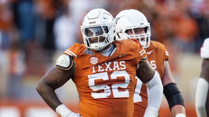 Dec 21, 2024; Austin, Texas, USA; Texas Longhorns offensive lineman DJ Campbell (52) against the Clemson Tigers during the CFP National playoff first round at Darrell K Royal-Texas Memorial Stadium. Mandatory Credit: Mark J. Rebilas-Imagn Images
