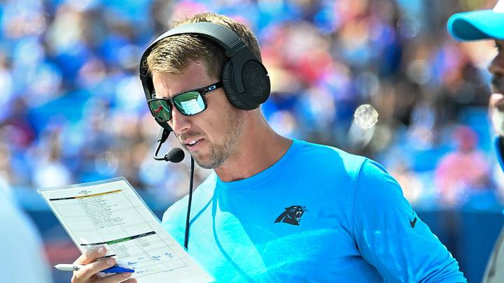 Aug 24, 2024; Orchard Park, New York, USA; Carolina Panthers offensive coordinator Brad Idzik calls a play in the third quarter pre-season game against the Buffalo Bills at Highmark Stadium. Mandatory Credit: Mark Konezny-Imagn Images