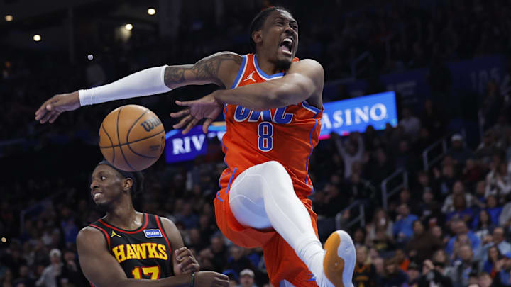 Dec 29, 2025; Oklahoma City, Oklahoma, USA; Oklahoma City Thunder guard Jalen Williams (8) dunks against the Atlanta Hawks during the second half at Paycom Center. Mandatory Credit: Alonzo Adams-Imagn Images
