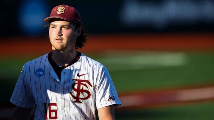 Florida State pitcher Jamie Arnold (16) returns to the dugout after striking out Oregon State in game 2 of the NCAA Super Regional at Goss Stadium on Saturday, June 7, 2025 in Corvallis.