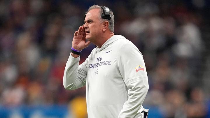 TCU Horned Frogs head coach Sonny Dykes watches from the sidelines against the Southern California Trojans in the first half during the Alamo Bowl at Alamodome. TCU Horned Frogs head coach Sonny Dykes watches from the sidelines against the Southern California Trojans in the first half during the Alamo Bowl at Alamodome.