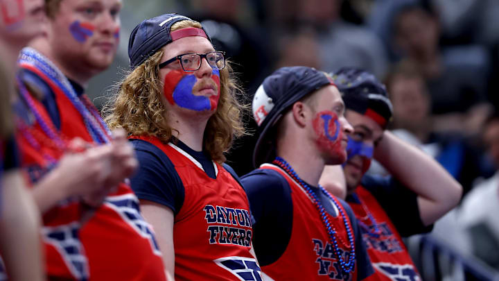 Mar 23, 2024; Salt Lake City, UT, USA; Dayton Flyers fans during the second half in the second round of the 2024 NCAA Tournament against the Arizona Wildcats at Vivint Smart Home Arena-Delta Center. Mandatory Credit: Rob Gray-Imagn Images