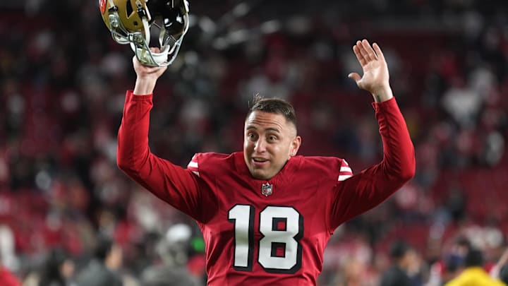 Oct 19, 2025; Santa Clara, California, USA; San Francisco 49ers kicker Eddie Pineiro (18) after the game against the Atlanta Falcons at Levi's Stadium. Mandatory Credit: Darren Yamashita-Imagn Images Oct 19, 2025; Santa Clara, California, USA; San Francisco 49ers kicker Eddie Pineiro (18) after the game against the Atlanta Falcons at Levi's Stadium. Mandatory Credit: Darren Yamashita-Imagn Images
