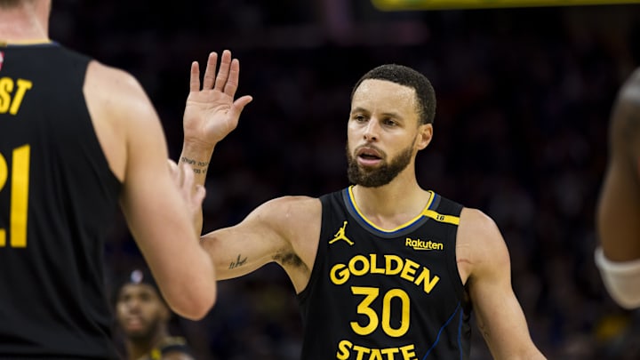 Mar 20, 2025; San Francisco, California, USA; Golden State Warriors guard Stephen Curry (30) reacts during the third quarter against the Toronto Raptors at Chase Center. Mandatory Credit: John Hefti-Imagn Images