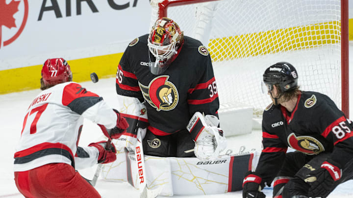 Apr 5, 2026; Ottawa, Ontario, CAN; Ottawa Senators goalie Linus Ullmark (35) makes a save on a shot from Carolina Hurricanes left wing Mark Jankowski (77) in the third period at the Canadian Tire Centre. Mandatory Credit: Marc DesRosiers-IMAGN Images Apr 5, 2026; Ottawa, Ontario, CAN; Ottawa Senators goalie Linus Ullmark (35) makes a save on a shot from Carolina Hurricanes left wing Mark Jankowski (77) in the third period at the Canadian Tire Centre. Mandatory Credit: Marc DesRosiers-IMAGN Images