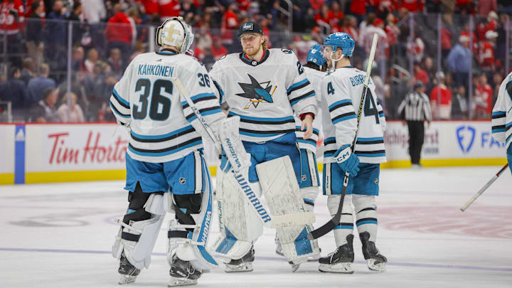 Dec 7, 2023; Detroit, Michigan, USA; San Jose Sharks goalie Mackenzie Blackwood (29) congratulates