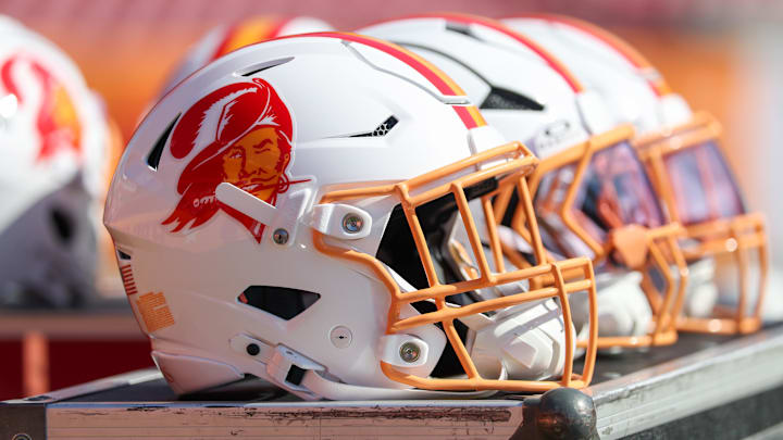 Sep 21, 2025; Tampa, Florida, USA; Tampa Bay Buccaneers helmets sit on the sideline before a game against the New York Jets at Raymond James Stadium. Mandatory Credit: Nathan Ray Seebeck-Imagn Images