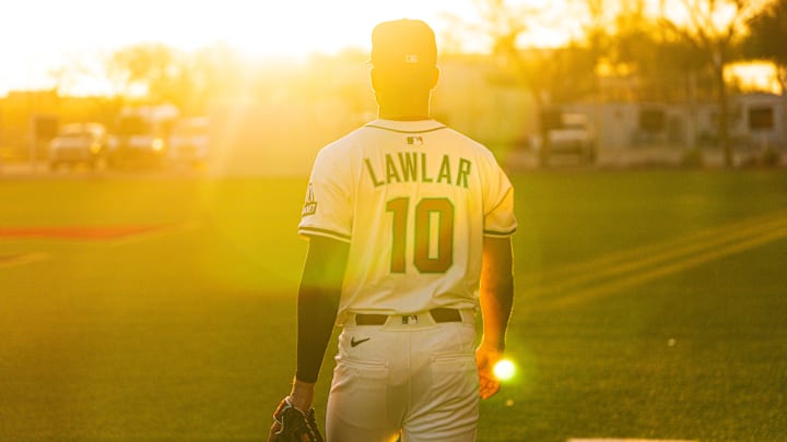Arizona Diamondbacks infielder Jordan Lawler (10) poses for a portrait for MLB Media Day at Salt River Fields.  