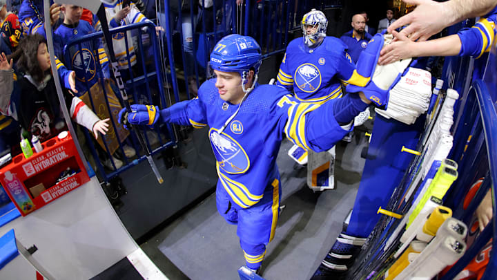 Mar 9, 2024; Buffalo, New York, USA;  Buffalo Sabres right wing JJ Peterka (77) is greeted by fans on his way to the ice before a game against the Edmonton Oilers at KeyBank Center. Mandatory Credit: Timothy T. Ludwig-USA TODAY Sports