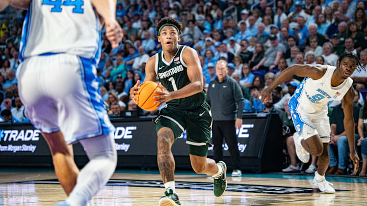 The Michigan State Spartans compete against the North Carolina Tar Heels in the Fort Myers Tip-Off Beach Division game at Suncoast Credit Union Arena on Fort Myers, Fla., on Thursday, Nov. 27, 2025. The Michigan State Spartans compete against the North Carolina Tar Heels in the Fort Myers Tip-Off Beach Division game at Suncoast Credit Union Arena on Fort Myers, Fla., on Thursday, Nov. 27, 2025.