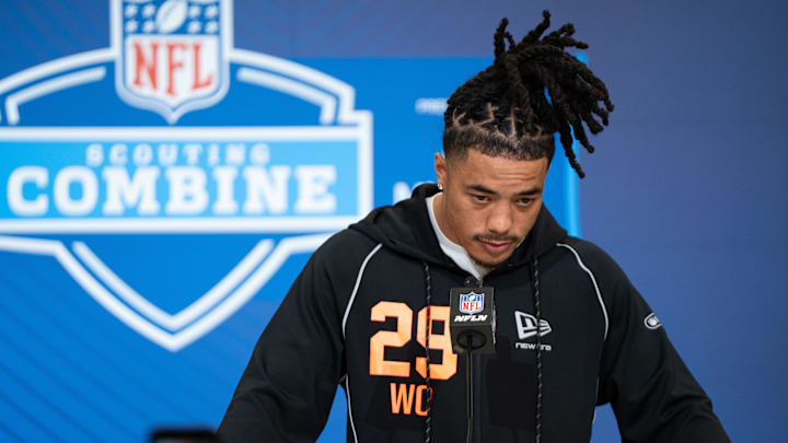 Feb 27, 2026; Indianapolis, IN, USA; Southern California wideout Makai Lemon (WO29) speaks to members of the media during the NFL Combine at the Indiana Convention Center. Mandatory Credit: Jacob Musselman-Imagn Images Feb 27, 2026; Indianapolis, IN, USA; Southern California wideout Makai Lemon (WO29) speaks to members of the media during the NFL Combine at the Indiana Convention Center. Mandatory Credit: Jacob Musselman-Imagn Images