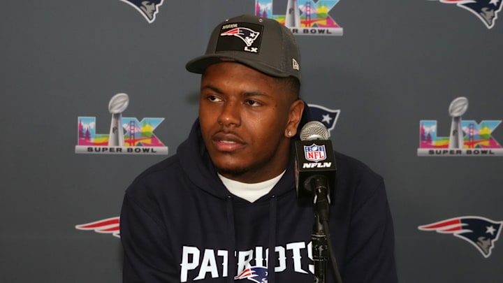 Feb 3, 2026; Santa Clara, CA, USA; New England Patriots safety Jaylinn Hawkins speaks to the media during Super Bowl LX press conference at Santa Clara Marriott. Mandatory Credit: Kirby Lee-Imagn Images