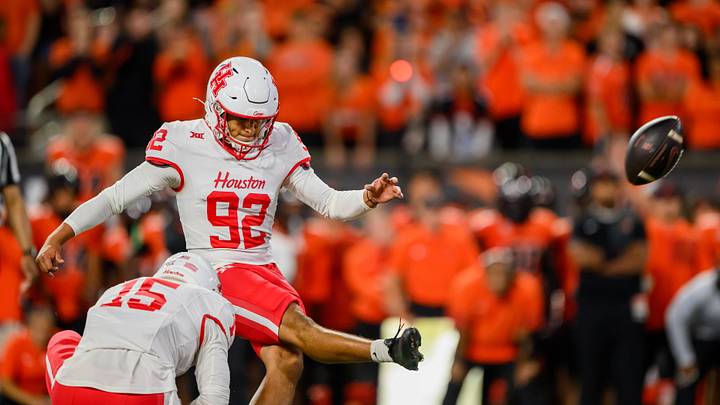 Sep 26, 2025; Corvallis, Oregon, USA; Houston Cougars place kicker Ethan Sanchez (92) kicks the winning field goal in overtime against the Oregon State Beavers at Reser Stadium. Mandatory Credit: Craig Strobeck-Imagn Images