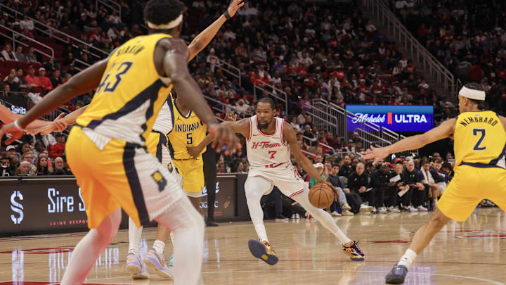 Dec 29, 2025; Houston, Texas, USA; Houston Rockets forward Kevin Durant (7) dribbles against Indiana Pacers forward Pascal Siakam (43) in the third quarter at Toyota Center. Mandatory Credit: Thomas Shea-Imagn Images