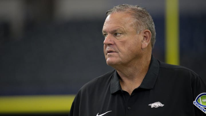 Arkansas Razorbacks head coach Sam Pittman before the game between the Texas A&M Aggies and the Arkansas Razorbacks at AT&T Stadium. Arkansas Razorbacks head coach Sam Pittman before the game between the Texas A&M Aggies and the Arkansas Razorbacks at AT&T Stadium.