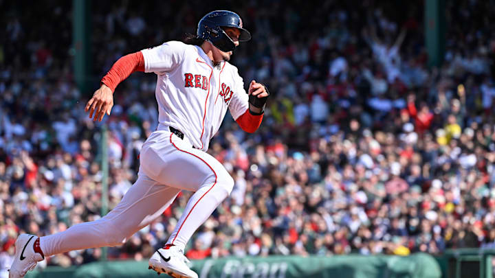 Apr 3, 2026; Boston, Massachusetts, USA; Boston Red Sox left fielder Jarren Duran (16) runs home to score against the San Diego Padres during the fourth inning at Fenway Park. Mandatory Credit: Eric Canha-Imagn Images