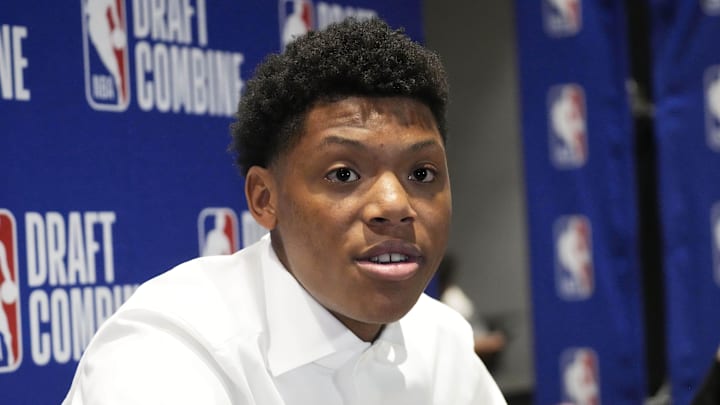 May 14, 2025; Chicago, Il, USA; Ace Bailey talks to the media during the 2025 NBA Draft Combine at Marriott Marquis Chicago. Mandatory Credit: David Banks-Imagn Images