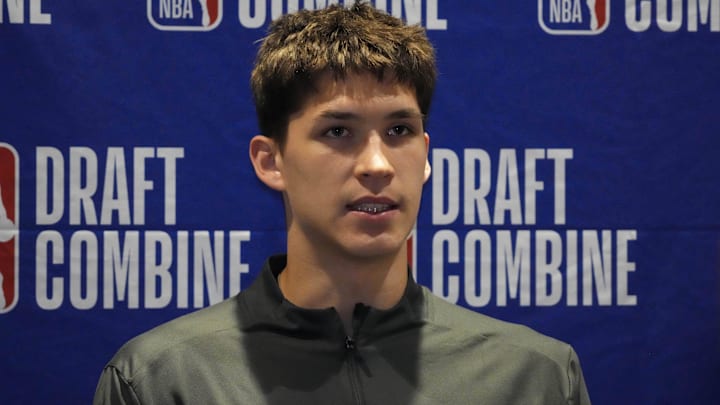 May 14, 2025; Chicago, Il, USA; Egor Demin talks to the media during the 2025 NBA Draft Combine at Marriott Marquis Chicago. Mandatory Credit: David Banks-Imagn Images