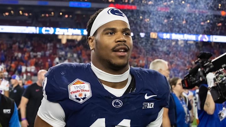 Dec 31, 2024; Glendale, AZ, USA; Penn State Nittany Lions defensive end Abdul Carter (11) after defeating the Boise State Broncos in the Fiesta Bowl at State Farm Stadium.  