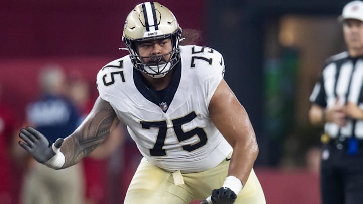 New Orleans Saints offensive tackle Taliese Fuaga (75) New Orleans Saints offensive tackle Taliese Fuaga (75)