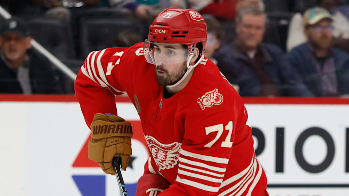 Mar 6, 2026; Detroit, Michigan, USA;  Detroit Red Wings center Dylan Larkin (71) skates with the puck in the second period against the Florida Panthers at Little Caesars Arena. Mandatory Credit: Rick Osentoski-Imagn Images