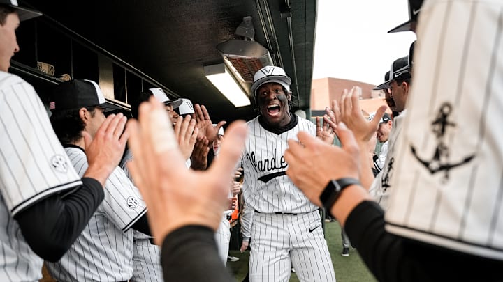 Vanderbilt centerfielder RJ Austin high fives his teammates as the Commodores prepared to face Texas A&M on Friday. Vanderbilt centerfielder RJ Austin high fives his teammates as the Commodores prepared to face Texas A&M on Friday.