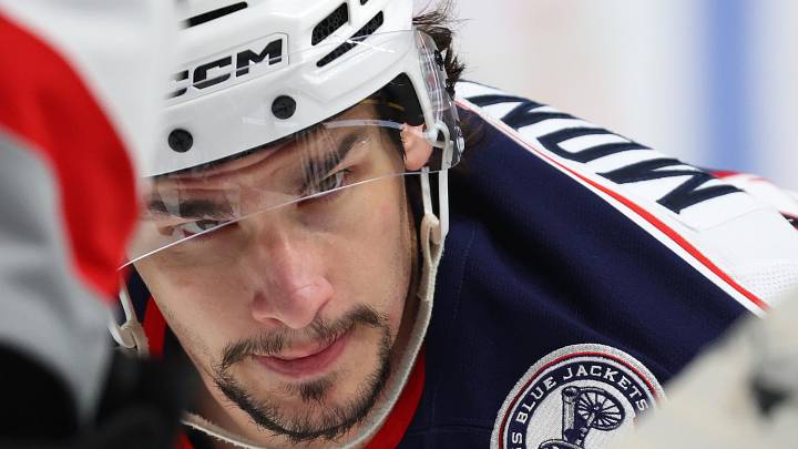 Apr 9, 2026; Buffalo, New York, USA;  Columbus Blue Jackets center Sean Monahan (23) waits for the face-off during the first period against the Buffalo Sabres at KeyBank Center. Mandatory Credit: Timothy T. Ludwig-Imagn Images