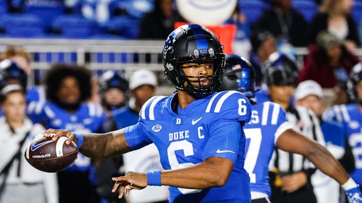Oct 18, 2024; Durham, North Carolina, USA; Duke Blue Devils quarterback Maalik Murphy (6) prepares to throw the football during the first half of the game against Florida State at Wallace Wade Stadium. Mandatory Credit: Jaylynn Nash-Imagn Images