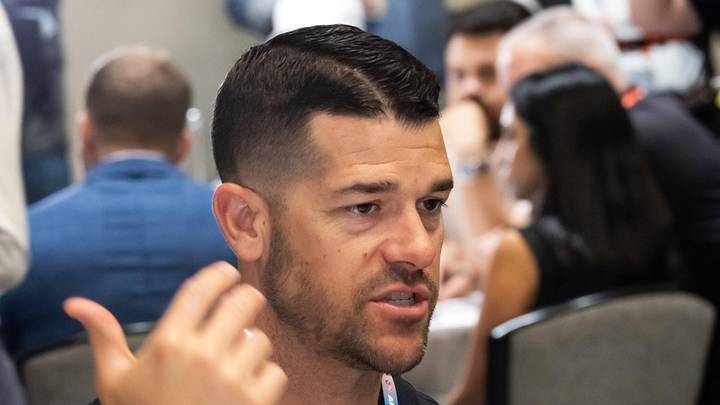Mar 30, 2026; Phoenix, AZ, USA; Carolina Panthers head coach Dave Canales during the 2026 NFL Annual League Meeting at the Arizona Biltmore. Mandatory Credit: Mark J. Rebilas-Imagn Images