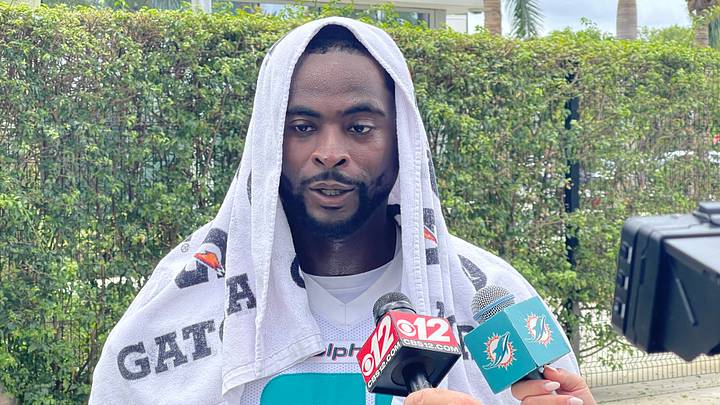 Former Miami Dolphins offensive lineman Kion Smith speaks to reporters after the final OTA of the 2026 offseason program, a few days before the team released him