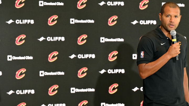 Sep 14, 2022; Cleveland, OH, USA; Cleveland Cavaliers president of basketball operations Koby Altman talks to staff and media during an introductory press conference at Rocket Mortgage FieldHouse. Mandatory Credit: David Richard-USA TODAY Sports Sep 14, 2022; Cleveland, OH, USA; Cleveland Cavaliers president of basketball operations Koby Altman talks to staff and media during an introductory press conference at Rocket Mortgage FieldHouse. Mandatory Credit: David Richard-USA TODAY Sports