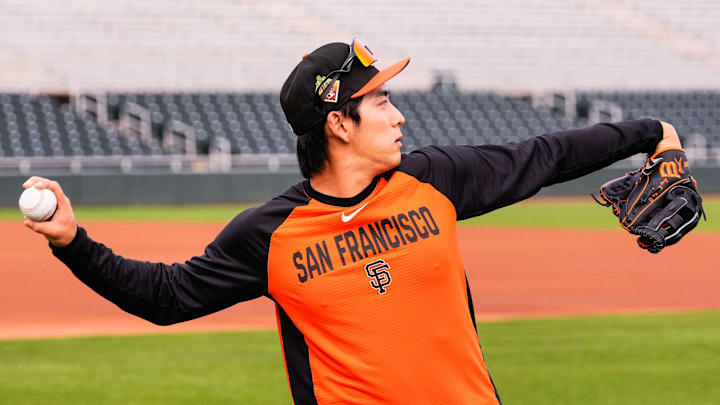 Feb 16, 2026; Scottsdale, AZ, USA; San Francisco Giants outfielder Jung Hoo Lee during workouts at Scottsdale Stadium in Scottsdale, Arizona.  Mandatory Credit: Arianna Grainey-Imagn Images