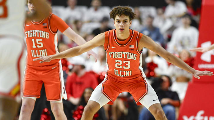 Mar 8, 2026; College Park, Maryland, USA;  Illinois Fighting Illini guard Keaton Wagler (23) gets in a defensive position during the first half against the Maryland Terrapins at Xfinity Center. Mandatory Credit: Tommy Gilligan-Imagn Images