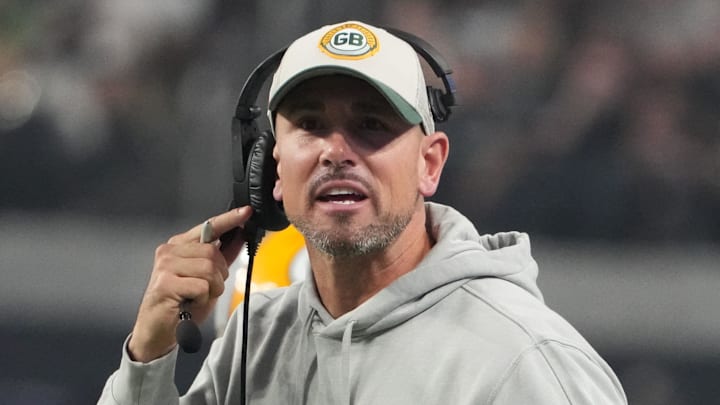 Oct 9, 2023; Paradise, Nevada, USA; Green Bay Packers coach Matt LeFleur reacts against the Las Vegas Raiders in the second half at Allegiant Stadium. Mandatory Credit: Kirby Lee-Imagn Images