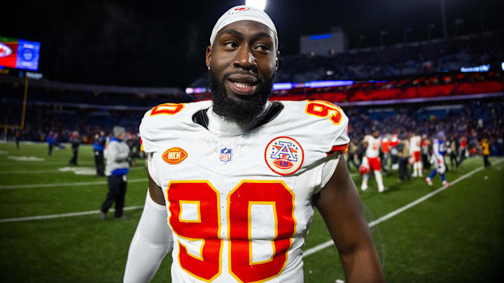 Jan 21, 2024; Orchard Park, New York, USA; Kansas City Chiefs defensive end Charles Omenihu (90) against the Buffalo Bills in the 2024 AFC divisional round game at Highmark Stadium. Mandatory Credit: Mark J. Rebilas-Imagn Images
