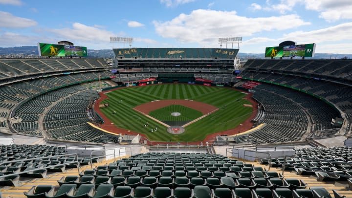 Sep 24, 2023; Oakland, California, USA; A general view of Oakland-Alameda County Coliseum from the third seating level before the game between the Detroit Tigers and the Oakland Athletics Coliseum. Mandatory Credit: Robert Edwards-USA TODAY Sports Sep 24, 2023; Oakland, California, USA; A general view of Oakland-Alameda County Coliseum from the third seating level before the game between the Detroit Tigers and the Oakland Athletics Coliseum. Mandatory Credit: Robert Edwards-USA TODAY Sports