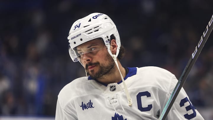 Feb 25, 2026; Tampa, Florida, USA; Toronto Maple Leafs forward Auston Matthews (34) during warm ups before the game against the Tampa Bay Lightning at Benchmark International Arena. Mandatory Credit: Morgan Tencza-Imagn Images