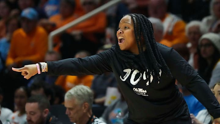 Ole Miss women's basketball head coach Yolett McPhee-McCuin points during a NCAA women's basketball game between the Lady Vols and Ole Miss at Thompson-Boling Arena at Food City Center in Knoxville on Sunday, February 16, 2025.