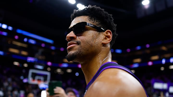 Jan 16, 2026; Sacramento, California, USA; Sacramento Kings center Dylan Cardwell (32) walks off the court after the game against the Washington Wizards at Golden 1 Center. Mandatory Credit: Sergio Estrada-Imagn Images
